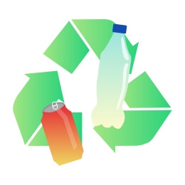 自動販売機から搬出されるペットボトル、缶、びんを分別し資源としてリサイクルしています。
